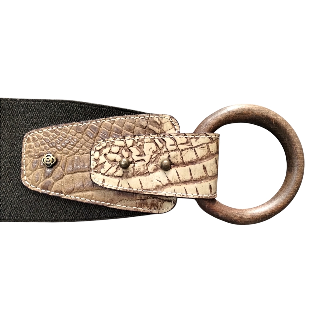 Olsen Europe Wide Stretch Belt Snakeskin Embossed Leather Wood Ring US 10 - Picture 4 of 6